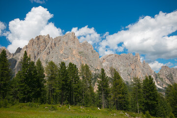 View of Dolomites during sunny day of Summer in Val di Fassa, Trentino