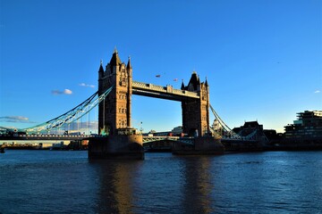 The iconic Tower Bridge and River Thames with clear blue sky, London, United Kingdom