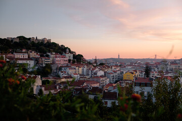 Panoramic view of Lisbon Castle at sunset in summer