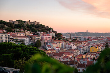Fototapeta premium Panoramic view of Lisbon Castle at sunset in summer