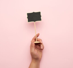 hand holding wooden pointer on a stick for writing text, pink background