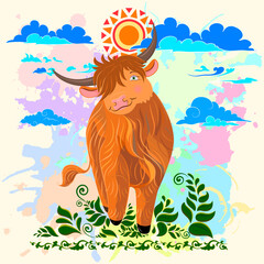 Cheerful cartoon bull sits galloping on the grass. Scottish long-haired bull on a background of colored blots. Design of children's clothing, packaging, notebooks and notebooks