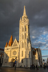 Fototapeta na wymiar View of St. Matthias Church in Budapest before a thunderstorm. Hungary