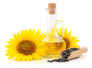 Sunflower oil, seeds and flower.