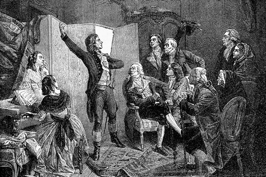 Claude Joseph Rouget de Lisle singing the Marseillaise for the first time. 1760-1836. Antique illustration. 1886.
