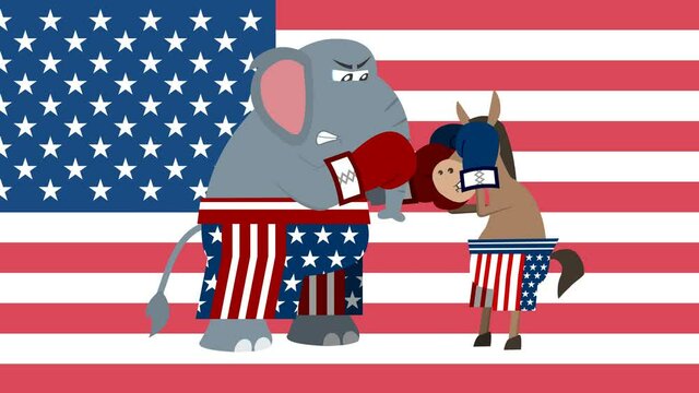 Republican Еlephant Аnd Democrat Donkey Is Boxing. 4K Animation Video Motion Graphics With USA Flag Background