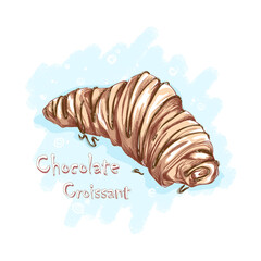 Croissant drizzled with chocolate or caramel topping. Desserts and sweets. Sketchy hand drawing of food.