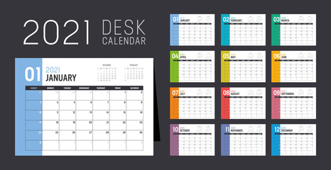 Year 2021 monthly desk calendar. Week starts Sunday. Vector template.