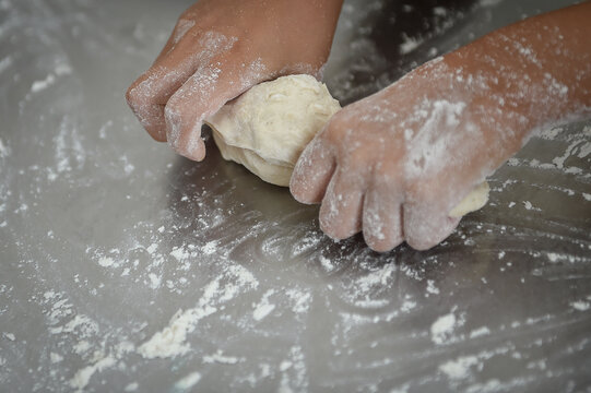 Kids Playing With Dough Making Homemade Pastry Products