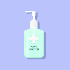 Hand sanitizer gel bottle. Instant hand protection. COVID-19, coronavirus, viruses, bacteria, flu killer. Handwashing. Vector illustration,