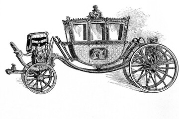 Fototapeta na wymiar Historic England carriage. Chancellor of Ireland's float. Museum of South Kensington. Antique illustration. 1886.