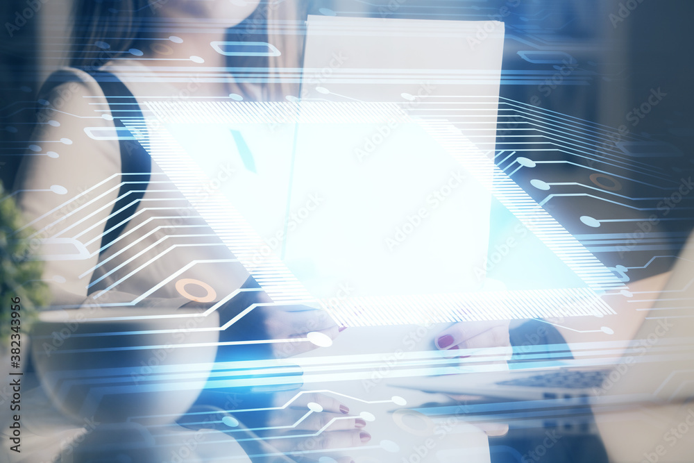 Poster multi exposure of woman's writing hand on background with data technology hud. big data concept.
