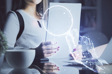 Start up creative drawing over close up hands in notepad background. Concept of brainstorming. Double exposure