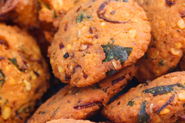 Group Of Freshly Cooked Famous Popular South Indian Dish Snacks Cuisine Tiffin Or Breakfast Dal Vada Closeup