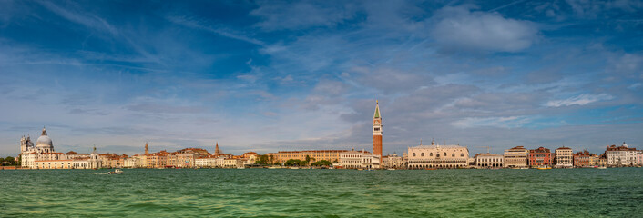 Panoramic view of Doge Palace, Campanile and San Marco square from Grand Canal main water area...