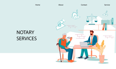 Notary services web banner template with elderly man at notary appointment. Web page with senior person visit lawyer office for signing and legalization testament document, flat vector illustration. 