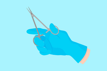 Vector cartoon hand of a dentist in a blue glove that hold a dental instrument: endodontic forceps for dental procedures