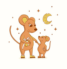 Mother mouse and son stand with gifts at the moon of cheese