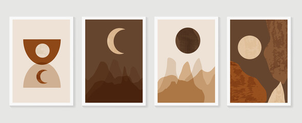 Obraz na płótnie Canvas Mountain wall art vector set. Earth tones landscapes backgrounds set with moon and sun. Abstract Plant Art design for print, cover, wallpaper, Minimal and natural wall art. Vector illustration..