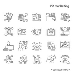 PR marketing line icons set. Brand image and attributes. public relations professionals, corporate website and company management depiction. Isolated vector illustrations. Editable stroke 