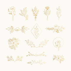 Set of golden botanical design elements. Bouquets, arrangements, flowers. Vector illustration. - 382346980