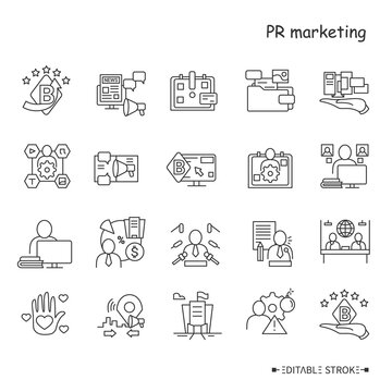 PR marketing line icons set. Brand image and attributes. public relations professionals, corporate website and company management depiction. Isolated vector illustrations. Editable stroke 