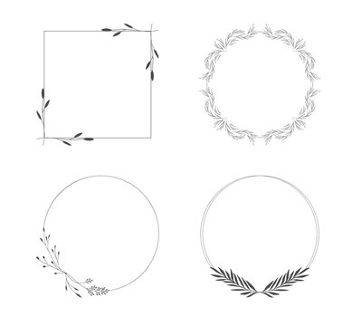 Set of hand drawn frames with floral design elements. Wreaths and borders for feminine style. Vector isolated.