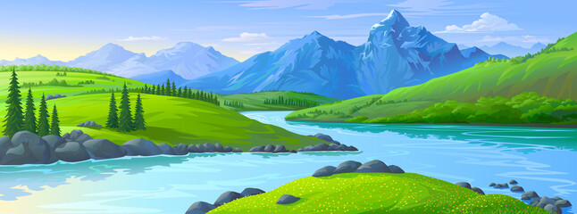 An illustration of the icy mountains in the distance with lush green fields of meadows and a river flowing across the vast lands.