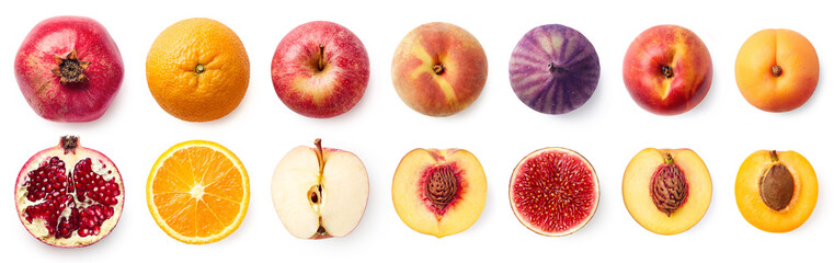 Set of fresh whole and sliced fruit halves