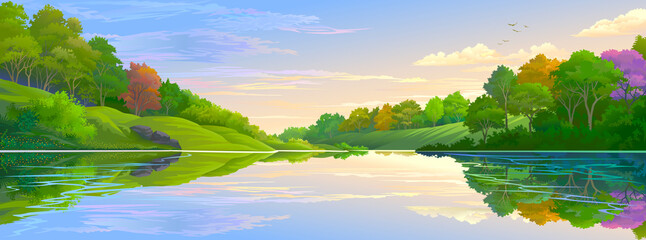 A reflection of the clouds, trees, and a lush green forest. Illustration of nature of jungle and river.