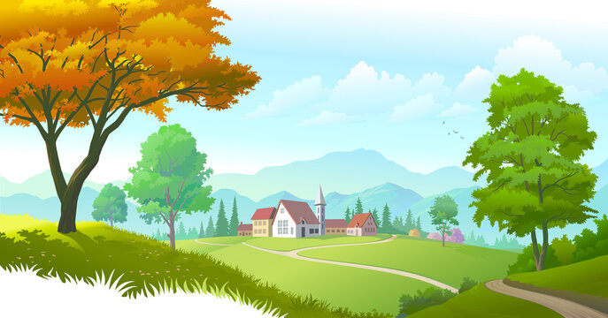 A little township in the middle of green meadows and surrounded by trees and mountains.