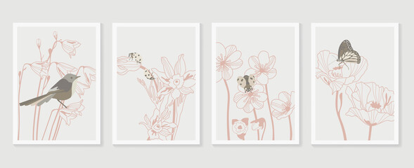 Bird Botanical wall art vector set. Earth tone boho foliage line art drawing with  abstract shape.  Abstract Plant Art design for print, cover, wallpaper.