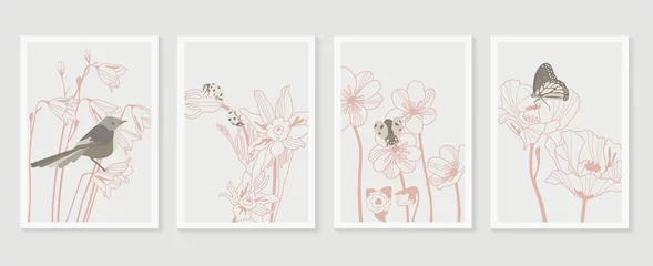 Vogel Botanischer Wandkunst-Vektorsatz. Erdfarbene Boho-Laublinienkunstzeichnung mit abstrakter Form. Abstraktes Pflanzenkunstdesign für Druck, Cover, Tapete. © TWINS DESIGN STUDIO