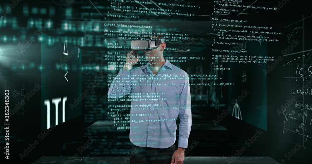 Poster man using vr headset against screens with mathematical diagrams and data processing