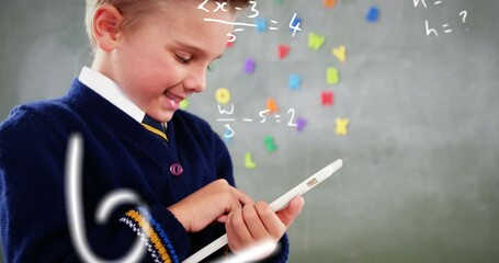Mathematical equations against boy using digital tablet at school - Powered by Adobe