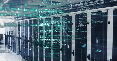 Mathematical equations and data processing against empty server room - Powered by Adobe