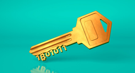 Bitcoin key. Golden key from cryptocurrency on a green background. 3d render