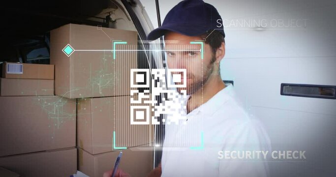 QR code scanner and data processing against male delivery man taking notes