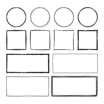 Hand drawn pencil frames. Rectangle, squared, circle borders. Vector illustration.