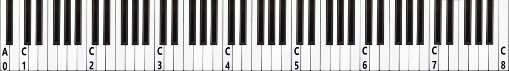 88-key piano keyboard. Real proportions