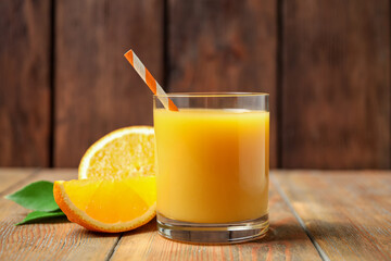 Glass of orange juice and fresh fruits on wooden table, closeup