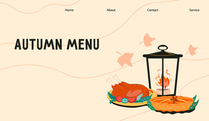 Autumn menu web banner template for Thanksgiving or Halloween holiday festive dinner, flat cartoon vector illustration. Autumn and fall season meals from seasonal harvest fruits.