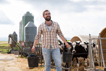 Young bearded farmer working in cowshed, walking with buckets near stall with calves © JackF