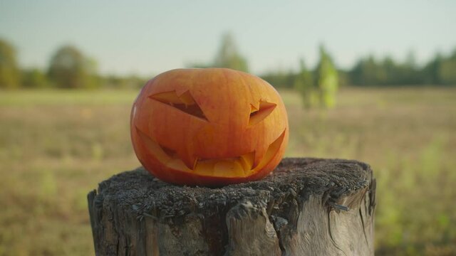 Bloody handled chopping axe smashing spooky carved halloween pumpkin into pieces on wooden stump over rural background. Close-up. Halloween and holidays concept.