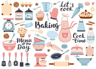 Fototapete Küche Bäckerei- und Kochset, Symbole für Küchenutensilien. Perfekt für Scrapbooking, Posterdesign, Sticker-Kit. Handgezeichnete Vektor-Illustration.