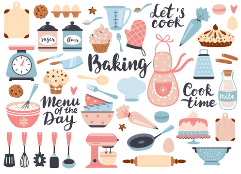 Bakery and cooking set, kitchen utensils icons. Perfect for scrapbooking, poster design, sticker kit. Hand drawn vector illustration.