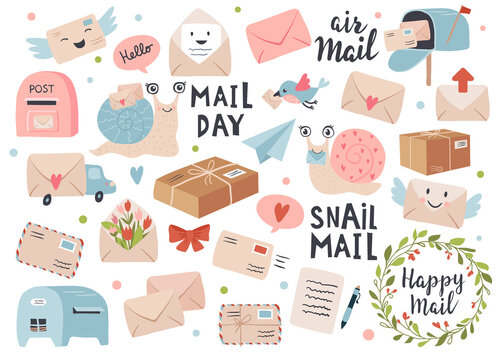 Mail and post icon set with envelopes and snail cartoon. Perfect for scrapbook, sticker kit, tags. Hand drawn vector illustration.