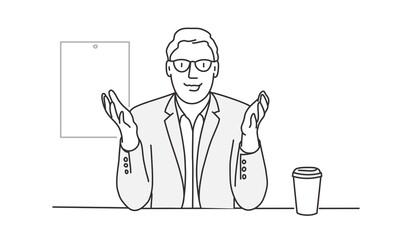 Businessman in glasses with coffee on the table lead videoconference.