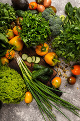 Vegan menu concept. Fresh vegetables and greens for cooking healthy food