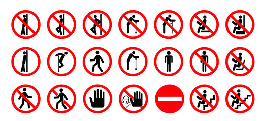 Caution signboard, Safety icon. Do not lean on door, glass, wall, gate or railing. Don’t sit here on stairs or climp. Vector stickman climb, Signs for climbing on balustradeor barrier. Do not enter